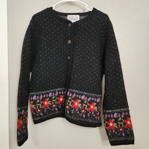 Tally Ho Creation Size Medium Black Floral Wool Cardigan Sweater Vintage